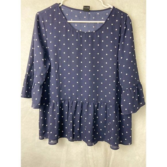 s.oliver Tops - S. OLIVER BLACK LABEL Women's  Blue Polka Dot  Riffle Blouse Top Shirt Size 10